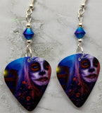 Woman Painted as a Sugar Skull Ghoul Guitar Pick Earrings with Blue ABx2 Swarovski Crystals