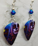 Woman Painted as a Sugar Skull Ghoul Guitar Pick Earrings with Blue ABx2 Swarovski Crystals