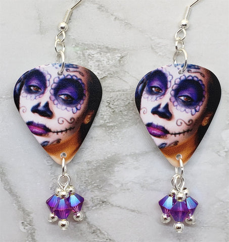 Woman Painted as a Sugar Skull Guitar Pick Earrings with Fuchsia AB Swarovski Crystal Dangles