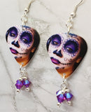 Woman Painted as a Sugar Skull Guitar Pick Earrings with Fuchsia AB Swarovski Crystal Dangles