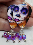 Woman Painted as a Sugar Skull Guitar Pick Earrings with Fuchsia AB Swarovski Crystal Dangles