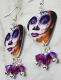 Woman Painted as a Sugar Skull Guitar Pick Earrings with Fuchsia AB Swarovski Crystal Dangles