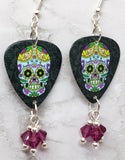 Colorful Sugar Skull Guitar Pick Earrings with Fuchsia Swarovski Crystal Dangles