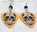 Sugar Skull on Orange Guitar Pick Earrings with Emerald Green Swarovski Crystals