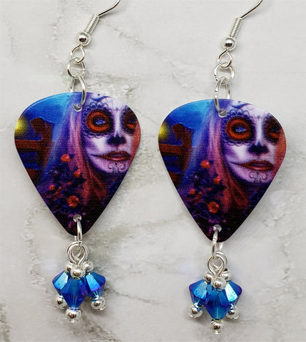 Woman Painted as a Sugar Skull Ghoul Guitar Pick Earrings with Blue ABx2 Swarovski Crystals Dangles