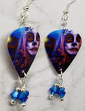 Woman Painted as a Sugar Skull Ghoul Guitar Pick Earrings with Blue ABx2 Swarovski Crystals Dangles