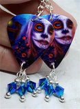 Woman Painted as a Sugar Skull Ghoul Guitar Pick Earrings with Blue ABx2 Swarovski Crystals Dangles