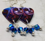 Woman Painted as a Sugar Skull Ghoul Guitar Pick Earrings with Blue ABx2 Swarovski Crystals Dangles