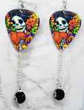 Sugar Skull Surrounded By Flowers Holding a Heart Guitar Pick Earrings with Flower Pave Bead Dangles