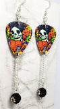 Sugar Skull Surrounded By Flowers Holding a Heart Guitar Pick Earrings with Flower Pave Bead Dangles