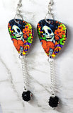 Sugar Skull Surrounded By Flowers Holding a Heart Guitar Pick Earrings with Flower Pave Bead Dangles