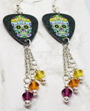 Light Blue Sugar Skull Guitar Pick Earrings with Swarovski Crystal Dangles