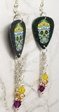 Light Blue Sugar Skull Guitar Pick Earrings with Swarovski Crystal Dangles