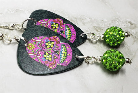 Fuchsia and Green Sugar Skull Guitar Pick Earrings with Green Pave Dangles