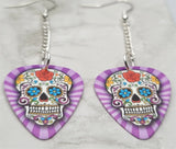 Purple and Blue Sugar Skull with Purple Striped Background Dangling Guitar Pick Earrings