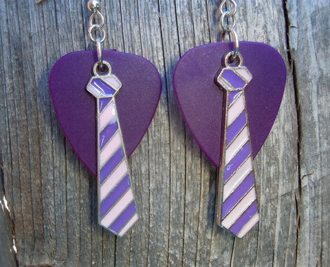 CLEARANCE Purple and Pink Striped Tie Charm Guitar Pick Earrings - Pick Your Color