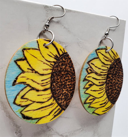 Sunflower Woodburned and Painted Wooden Earrings