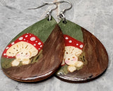 Mushroom with Red Top Character Hand Painted Wooden Earrings with Resin Clearcoat
