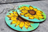 Sunflower Wood Burned and Painted Wooden Earrings